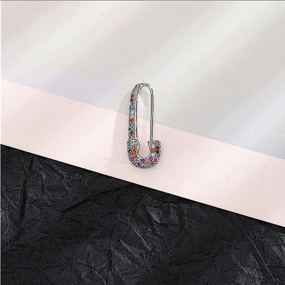 Silver Multicolor Rhinestone Safety-pin Earring, Minimalist, Punk - Picture 5 of 5